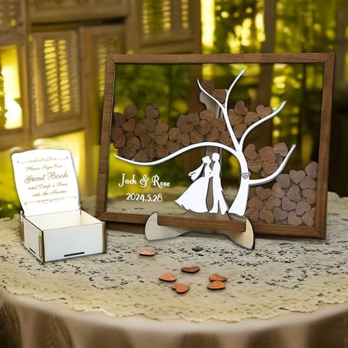 AIFLM Personalizzato Matrimonio in Legno GuestBook Alternativo Guest Book Ricevimento Matrimonio con 50 & 100 Cuori Decorazioni Matrimoniali Uniche Segno di Benvenuto, Regalo, Anniversario, Ricordi