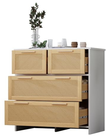 HAINEW Rattan Kommode Sideboard mit 4 Rattan Schublade, Holz Schrank Aufbewahrungsschrank mit Holz Griffe für Flur Wohnzimmer, 80×38×80cm (Weiß+Natur)