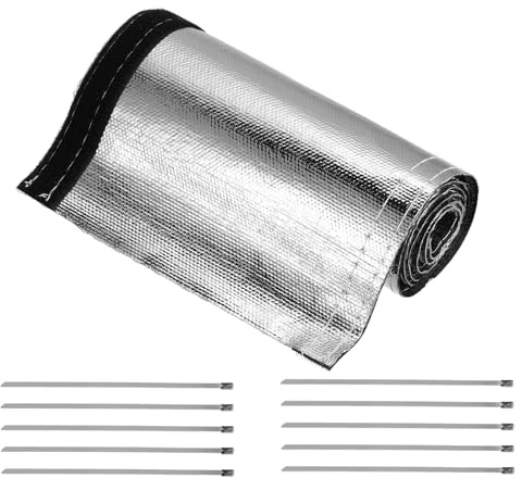 QUARKZMAN 10pcs Chaleur Carénage Manchon 55mm 2,2 Pouce ID x 100cm 3,3FT | Aluminisé Argent Manchon, Chaleur Câble Gaine Fil Chaleur Protection avec Crochet&Boucle, Inox Acier Cravates