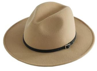 TUREVIEW Women's Fashion Flat Wide Brim Hat Classic Wool Felt Panama Hat with Belt Buckle (Beige)