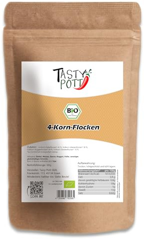 Tasty Pott Bio 4 - Korn Flocken | Getreideflocken | Roggen | Haferflocken | Weizenflocken | Gerstenflocken | Für Müsli | Zum Backen von Brot und Kuchen | Im Beutel 1000g
