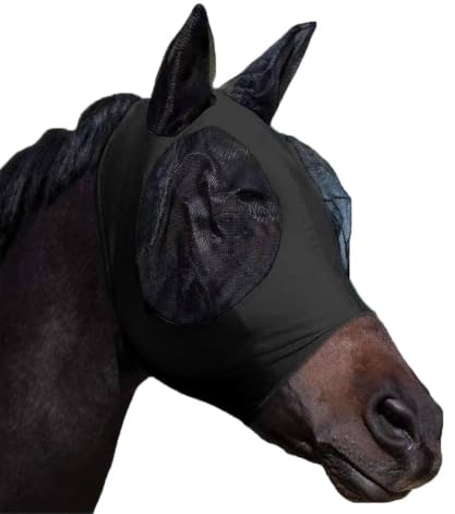 Gsycle hästnät flugmask, andningsbar, elastisk hästansiktsmask med öronskydd, mjuka hästflugkontrollmasker (svart)