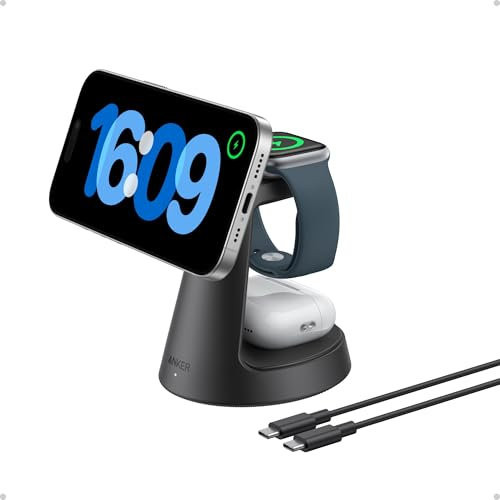 Anker MagGo Magnetic Wireless Charger (Dock Stand), 3-in-1 Qi2 Certified 15W MagSafe Compatible Wireless Charger, For iPhone 17/16/15/14/13 Series, Apple Watch, AirPods Pro, and More (Adapter Included