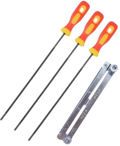 MAEXUS Feile für Kettensäge, 3 Stück Kettensäge Feilenset mit Griff und Aktenhalter Pferd, Rundfeile für Kettensäge, Kettensägenfeile 4/4.8/5.5mm Feilen für Kettensäge