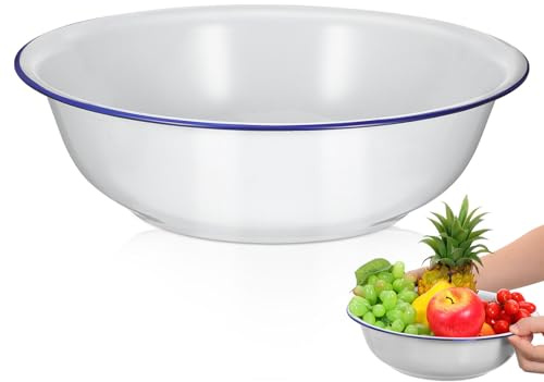 OSALADI Vintage Easy to Clean with Thick Sturdy Construction Enamel Bowls, Large Capacity White Enamel Mixing Bowl Retro Multi-Purpose Basin for Kitchen Use