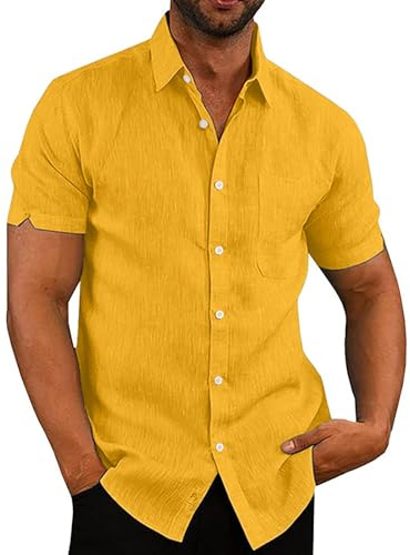 Rodawu Mens Linen Shirts Cotton Short Sleeved Shirts Regular Fit Casual Summer Shirts Lightweight Beach Shirt Yellow Shirts M