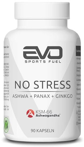 EVO SPORTS FUEL No Stress KSM-66® Ashwagandha Kapseln | 90 Kapseln | original indische Schlafbeere mit Panax, Ginkgo, Vitamin B6 | 100% Vegan & natürlich | geprüfte Qualität | Made in Germany