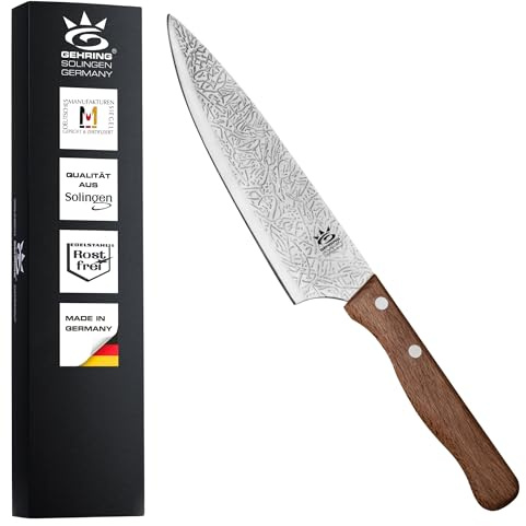 GEHRING Solingen Kochmesser 15 cm mit Strukturklinge I ergonomischer Buchenholzgriff I 15 cm Klingenlänge I Allzweckmesser aus Edelstahl I Chefmesser mit edlem Grasmuster I Made in Germany