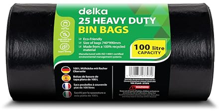 Delka Heavy Duty Black Bin Bags – Extra Strong, Leak-Proof Plastic Liners – Ideal for Kitchen, Home, DIY & Garden, Household, Office & Catering – Made from 100% Recycled Material (100L, 25 Pack)