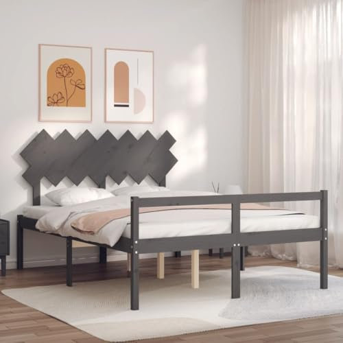 OHOOWOO Seniorenbett mit Kopfteil Grau Kingsize Massivholz,Massives Seniorenbett aus Kiefer | Bequem und praktisch | Sitzhöhe 45 cm