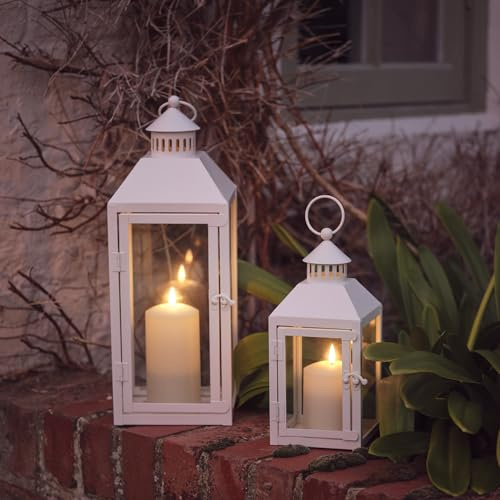 Lights4fun Weiße Metall-Laterne inkl. TruGlow® LED-Kerze mit flackernder LED-Flamme und Timer für Innen & Außen Garten Balkon Dekoration Windlicht Laternen Vintage Wetterfest 26 cm & 40 cm