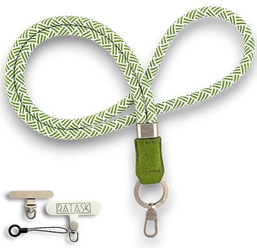 RATASK Neck Lanyard Strap for Mobile Phones, Camera, ID card Holder, Badge Holder, comes with 2 tether tabs(1x metal & 1x fabric) (Green striped)