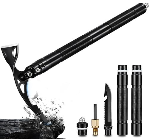 Japaknvies Spitzhacke 8 in 1 Multifunktional Kreuzhacke Gartenhacke mit Stiel 42cm Länge rutschfest Spitzhacken mit Survival Messer Spitzhacke für Graben,Eisbrechen und Jäten