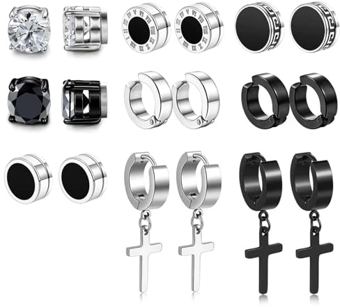 XSDSLS 9 Paar Magnet Ohrstecker und Ohrringe Magnetische Ohrringe Set Fake Ohrring Edelstahl Schwarze Silber Non Piercing Ohrring Set für Herren Männer