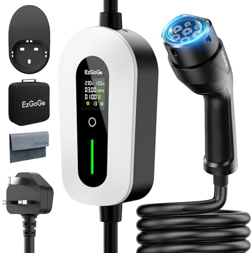 EzGoGo EV Charger Cable Type 2 to 3 Pin Plug 26.25Ft/8M Electric Car Charger 3kW, [6/8/10/13A] Type 2 Charging Cable 3 Pin IP65 Advanced Protection Suitable for EVs & PHEVs