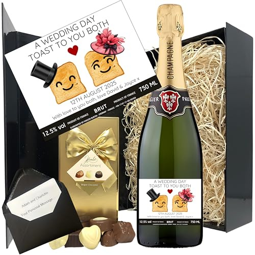 Personalised Mr & Mrs Wedding Toast Champagne & Chocolate Gift Set – Custom Label Brut Champagne 75cl with Belgian Chocolates in Black Hamper Box