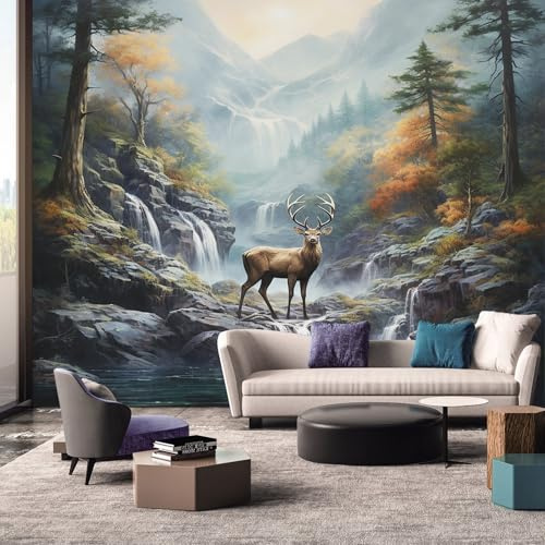 Stag Deer Wallpaper Mural, Forest Mountain Scene Wall Mural, Non-Woven Print Photo Wallpaper for Bedroom Living Room Decor 350x256 cm