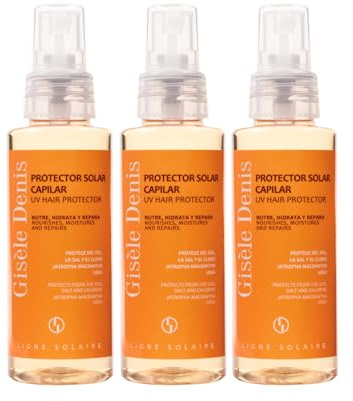 GISÈLE DENIS - Protector Solar Térmico Capilar 3 x 100 ml, en Spray, Pack 3, para Pelo Liso y Rizado, Nutre, Repara e Hidrata el Pelo, con Vitamina E, Cuidado del Cabello para Playa y Piscina