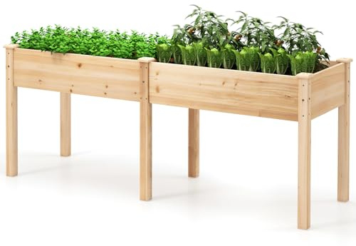GOPLUS Cama de Jardín Elevada con Patas, Macetero Elevado con Divisor, 8 Orificios de Drenaje, Madera de Abeto para Verduras, Flores, Frutas, Hierbas, Jardín, Patio Trasero, (Natural)