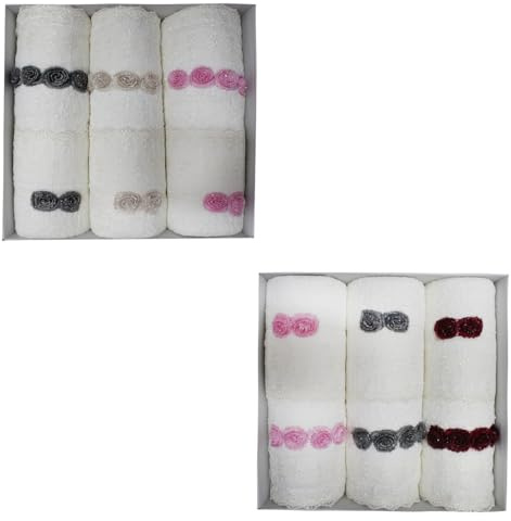 Russo Tessuti Set Asciugamani Spugna FERLEN 3+3 Viso Ospite Rosellina Lurex Bordeaux Beige Grigio Singolo Variante 2
