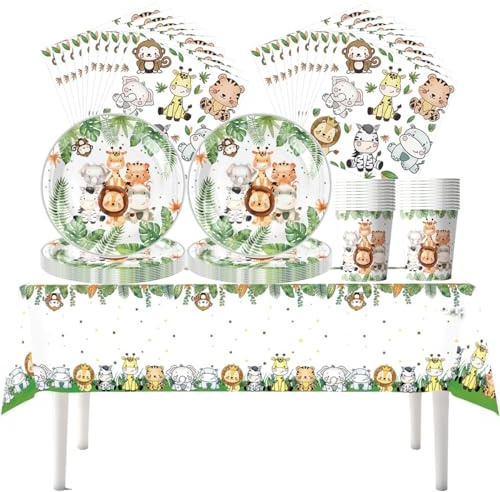 Fuwraixis Animales de la selva Vajilla para fiesta, 61 piezas Tigre adorable Vajilla infantil para cumpleaños, Juego de platos de papel para fiesta con Cachorro de elefante, Aforo para 20 comensales