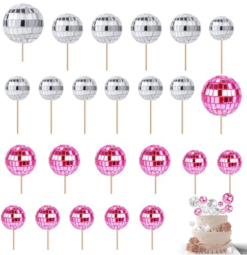 Disco Ball Cupcake Toppers, 70s Disco Cake Decorations with Stick Shiny, Disco Theme Party Supplies for Dessert Birthday Decor Ornament (Pink, Silver)