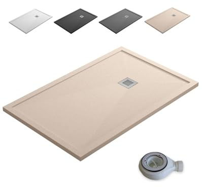 Plato de Ducha de Resina con Borde Extraplano Antideslizante Valvula y Rejilla | Textura Piedra | Beige | 80 X 120 cm