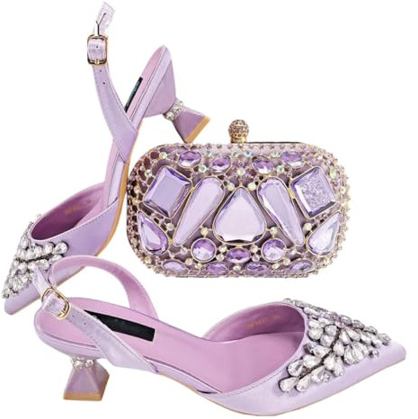 Italian Wedding Shoe and Bag Set Rhinestone Embellished Designer High Heels and Matching Handbag for Women Lilac