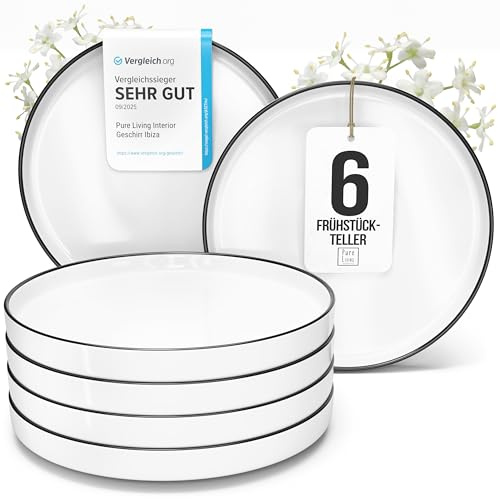 Porzellan Frühstücksteller 6 Personen Scandi TESTSIEGER, Traumhaftes skandinavisches Porzellan Dessertteller Set, Kleine Teller, Salatteller - Pure Living in weiß