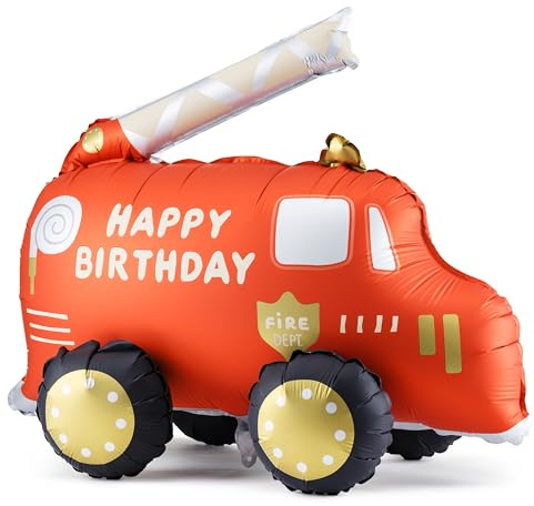 XXL Folienballon – Feuerwehrauto Happy Birthday, stehend 3D, 67x53 cm, Luftballon ohne Helium, Feuerwehr Deko Kindergeburtstag, Party Luftballon für Jungen Mädchen
