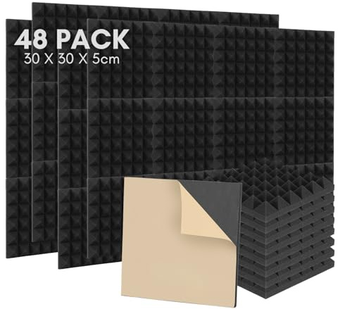 Profi Akustikplatten zur Schalldämmung, 48 Stück Schalldämmplatten Wand, Akustikschaumstoff für Studio, Büro, Gaming-Raum, Einfache Montage, Hoher Dichte Schaumstoffplatte 30x30x5 cm, Pyramide