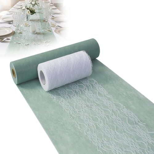 Vlies Tischläufer Set, 30cm ×10m Vlies Tischläufer Eukalyptus Grün & Tischläufer Spitze Weiß 15cm x 10m, Modern Dekoratives Tischband für Tischdeko Partydeko bei Geburtstag Hochzeit Festen