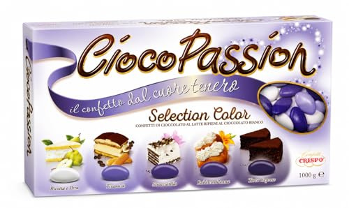 Crispo CiocoPassion Selection Color LILLA, Confetti Cioccolato al Latte Ripieni di Cioccolato Bianco, 5 Sfumature, Gusti Assortiti per Confettata, Nascita, Battesimo, Matrimonio Senza Glutine 1kg