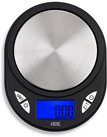 ADE Digitale Taschenwaage TE 1700 Fred Kompakte und tragbare Feinwaage mit 0,01 Gramm genauer Einteilung und Wiegefläche aus Edelstahl Grammwaage mit beleuchtetem LCD-Display und Abdeckung