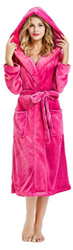 HEARTNICE Womens Hooded Fleece Robe, Soft Plush Bathrobe for Womens, Fluffy Cute Long House Coat (Rose Hooded, 2XL/3XL)