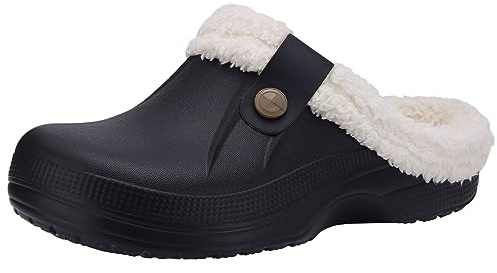 Beslip Classic Fur Lined Clogs Waterproof Winter Fuzzy Slippers for Women Men Indoor and Outdoor Indoor and Outdoor, Black and White Women Size 9.5-10.5