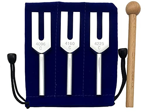 Angel Stimmgabel Set 4096Hz 4160Hz 4225Hz für Crystal Clearing Angel Tuners Clear Space Holzhammer und Samtbeutel Klangtherapie Heilung Meditation Musikinstrument Balancing Vibration