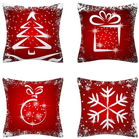 AMZQJD 4 Stück Kissenbezug Weihnachten Dekokissen Kissenbezüge Sofakissen Dekorativ Kissenhülle Bezug Weich für Wohnzimmer Schlafzimmer (Rot Weihnachten, 40 x 40 cm)