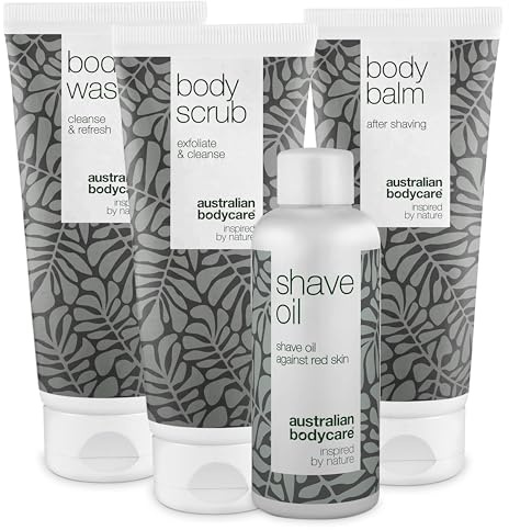 Rasur-Set für den ganzen Körper - Set mit Körperwaschgel, Peeling, Balsam und Rasieröl - Lösung für eine komfortable Rasur - Angereichert mit beruhigendem Teebaumöl - Perfekt für empfindliche Haut