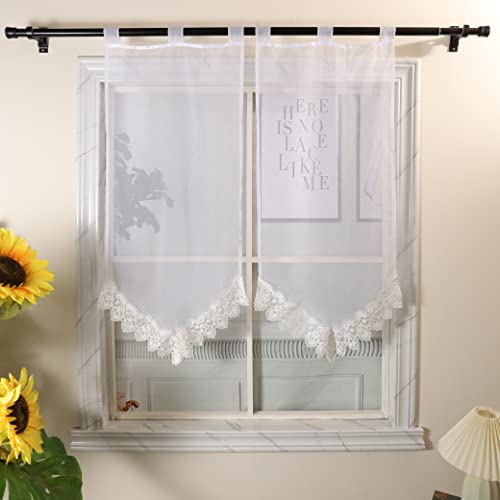 Devola Scheibengardine Voile Kurzstore Transparente Bistrogardine Panneaux Gardinen Landhaus Küchengardinen Modern mit Schlaufen Kurzgardine mit Häkelspitze BxH 60x120cm Weiß 1er Pack