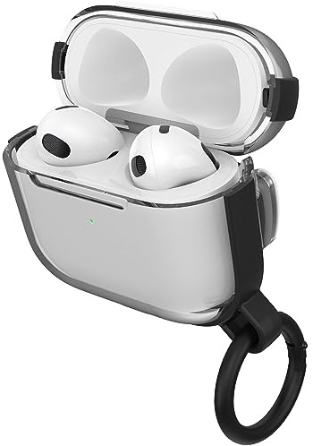 OtterBox Custodia Clear per AirPods (3a Gen), Trasparente/Nero | Custodia soffice al tatto, anti urti, graffi e cadute, ultra sottile con moschettone