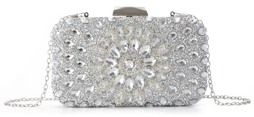 EVEOUT Élégant Pochette de soirée en Strass Femme Crysta Clutch Sac à Main de mariée Sac bandoulière pour fête Mariage(Argent)