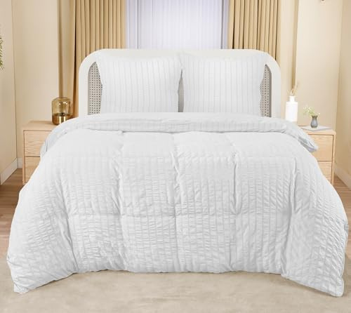 Utopia Bedding Seersucker Bettwäsche 200x200 Set - Mikrofaser Polyester Bettbezug 200x200 cm + 2 Kissenbezüge 80x80 cm - Weiß