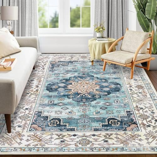 Enyhom Stor vintage-matta, 120 x 180 cm, icke-fällande golvmatta med tryck, maskintvättbara mattor för vardagsrum, halkfria, traditionella bohemiska golvmattor för sovrum, matsal, vintage-blågrön