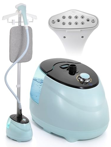 BEAMNOVA Clothing Steamer with Stand, Steam Iron for Clothes, Commercial Standing Garment Steamer, Wrinkle Remover with Ironing Board, 1.8L(61oz) Water Container, 10 Settings, Blue