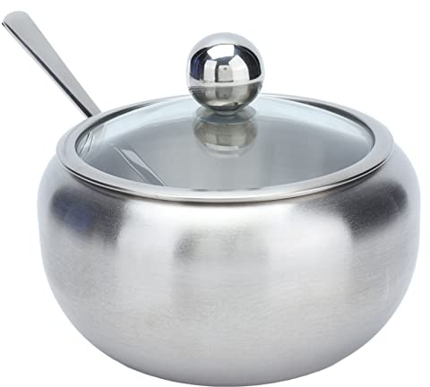 Sugar Bowl, Stainless Steel Seasonings Container with Spoon Practical Kitchen Tool Multifunctional Large Capacity Small Sugar Bowl with Transparent Lid for Kitchen
