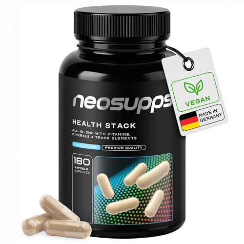 Neosupps Health Stack 180 gélules, complément alimentaire tout-en-un hautement dosé avec vitamines, minéraux et oligo-éléments, avec Q10, OPC, choline et lutéine, qualité certifiée, fabriqué en