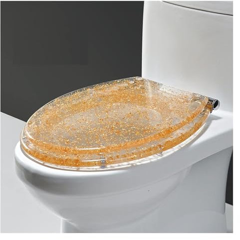 MTNBHH Transparenter Toilettensitz aus Kunstharz, runder Toilettensitz aus Kunstharz mit Deckel, reinigen, langsam schließender Toilettendeckel aus Kunstharz(Gold)
