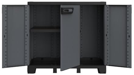 Kreher® Dreitüriger Aufbewahrungsschrank Gartenschrank Kellerschrank aus Kunststoff in Schiefer Optik. Mit höhenverstellbaren Böden und abschließbaren Türen in 2 Größen. (Schrank mit 1 Einlegeboden)