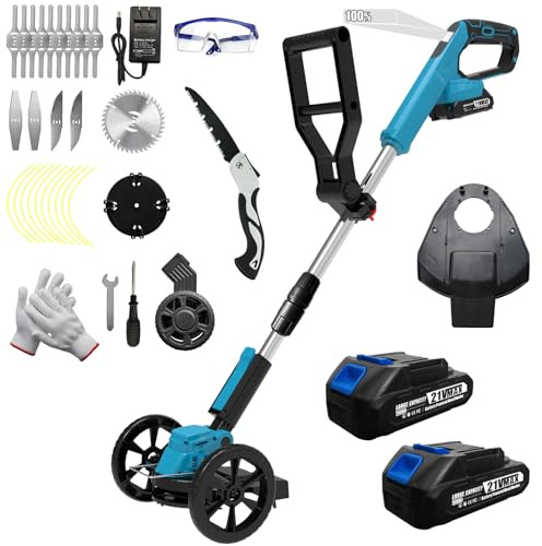 Electric Weed Wacker Cordless Eater Lightweight Edger Battery Powered Grass Trimmer/Lawn Edger/Mower/Brush Cutter, with 5 Types Blades and 2 Types Wheels for Yard and Garden Weeder Tool